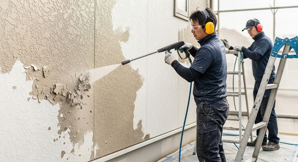 壁を洗浄している職人