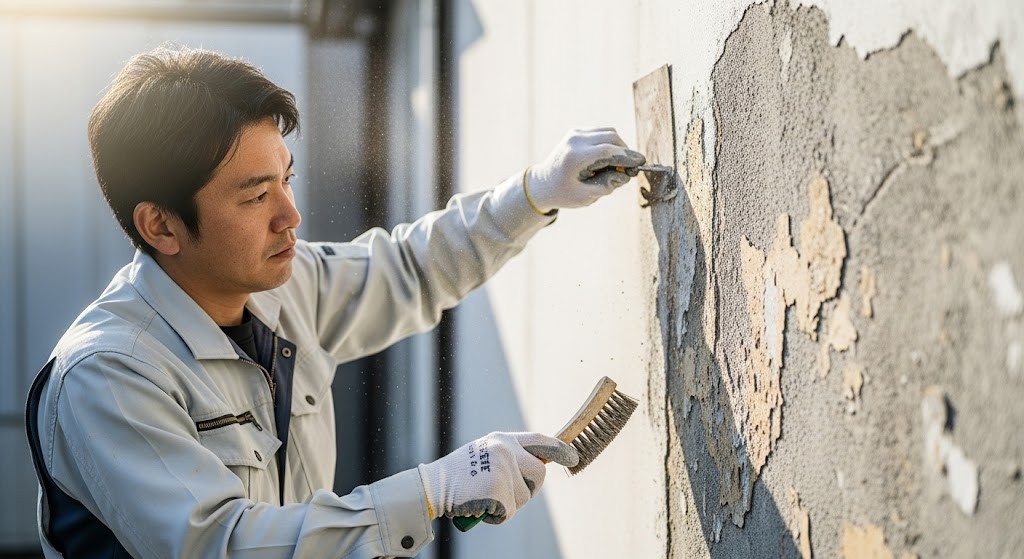 外壁のひび割れや剥がれの補修工事を行う職人