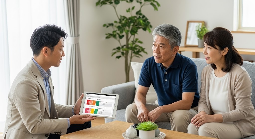 予算やプランについて話をしている業者の男性と依頼主