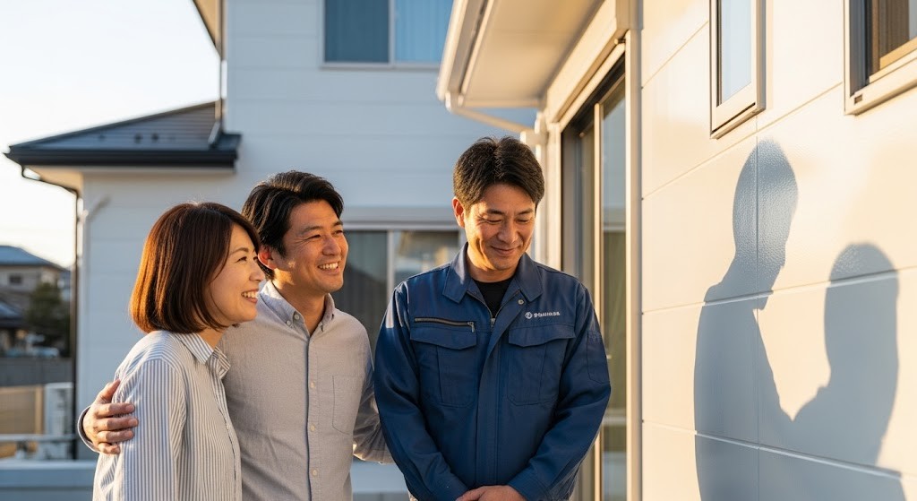 塗り替えが終わった外壁の前に並ぶ夫婦と作業着の担当者